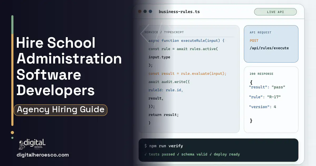 Custom Software Development code editor and API illustration for School Administration Software.