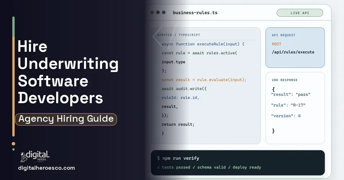 Custom Software Development code editor and API illustration for Underwriting Software Development.