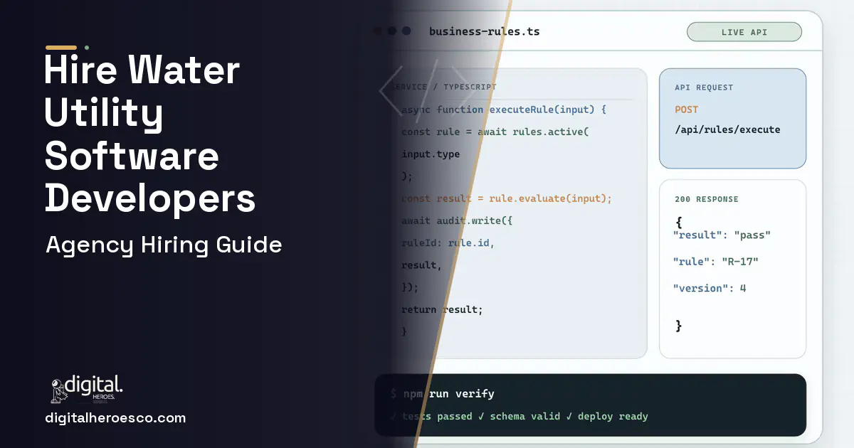 Custom Software Development code editor and API illustration for Water Utility Software.