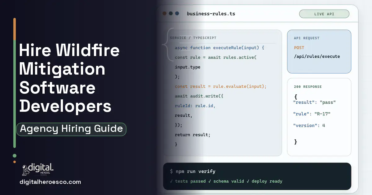 Custom Software Development code editor and API illustration for Wildfire Mitigation Management Software.