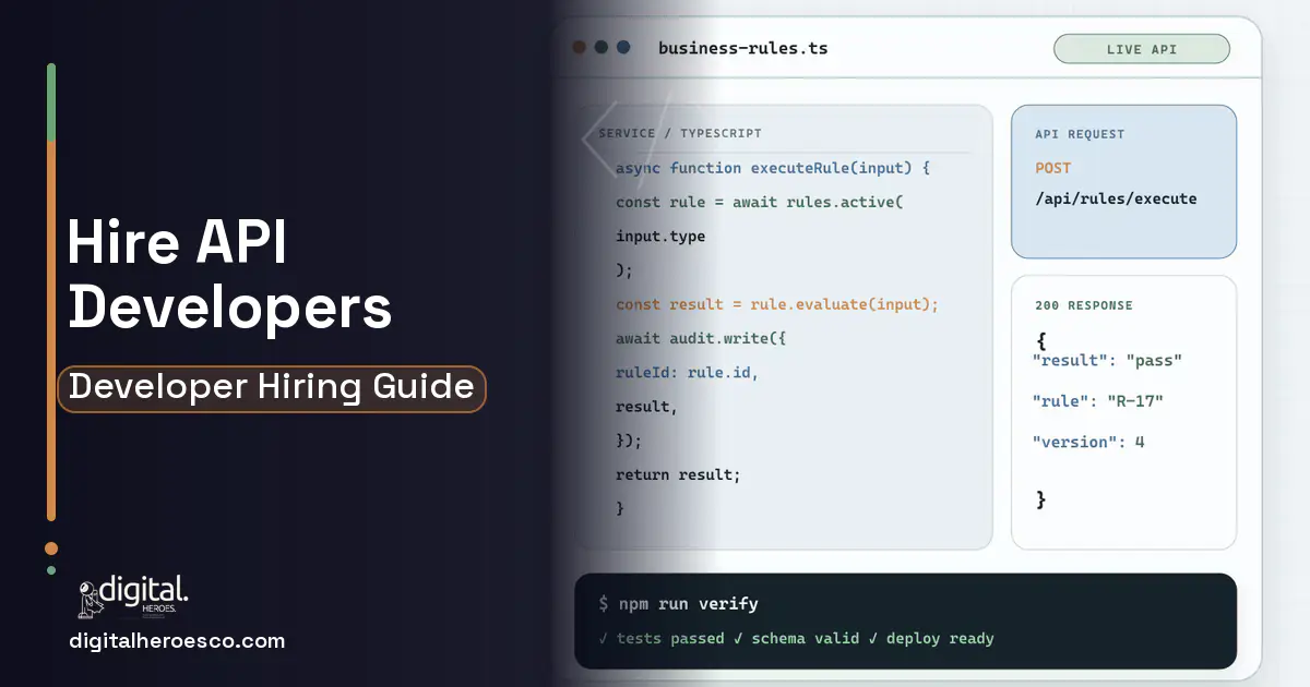 Custom Software Development code editor and API illustration for Hire API Developers.