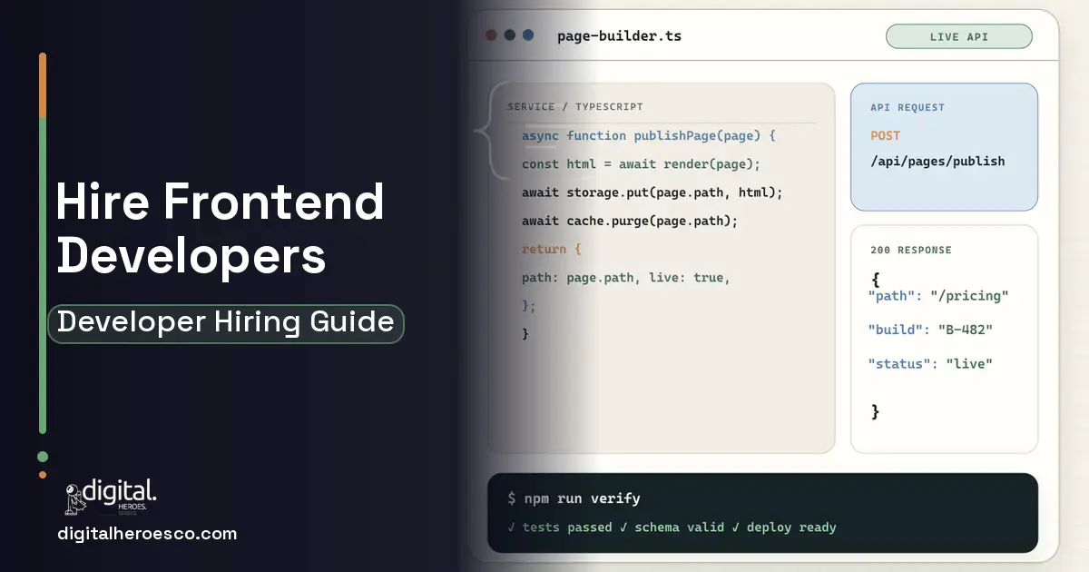 Website Development code editor and API illustration for Hire Frontend Developers.