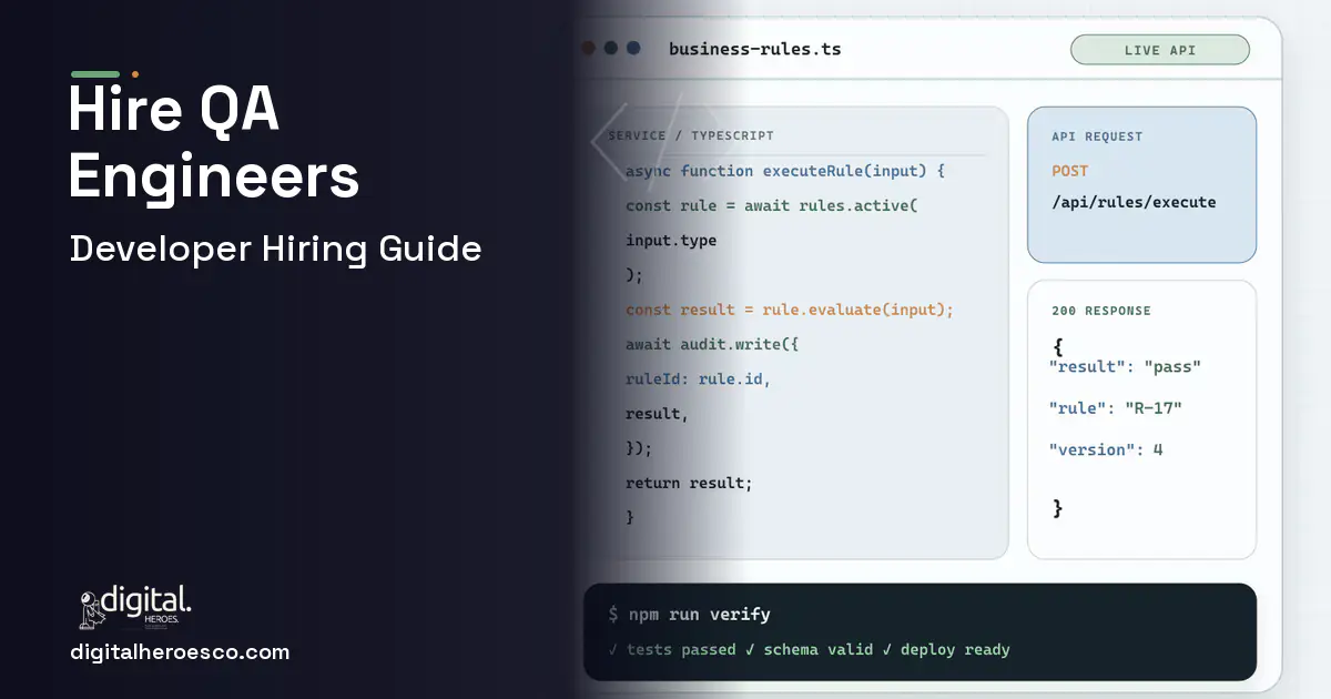 Custom Software Development code editor and API illustration for Hire QA Engineers.