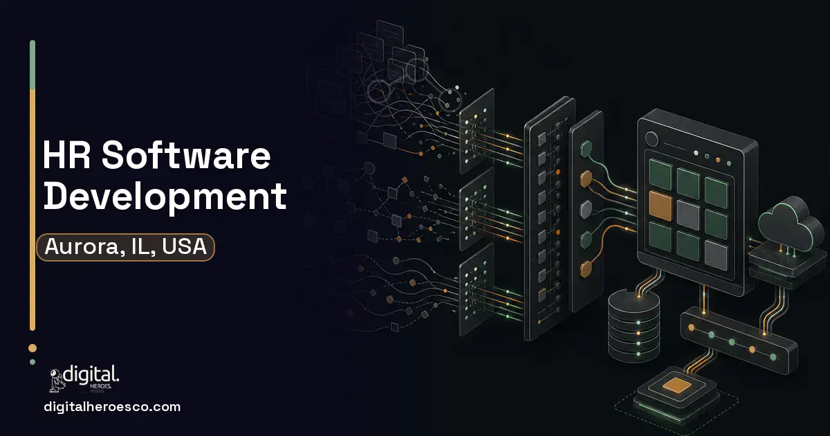 HR Software Development workflow illustration for Aurora, IL, USA.