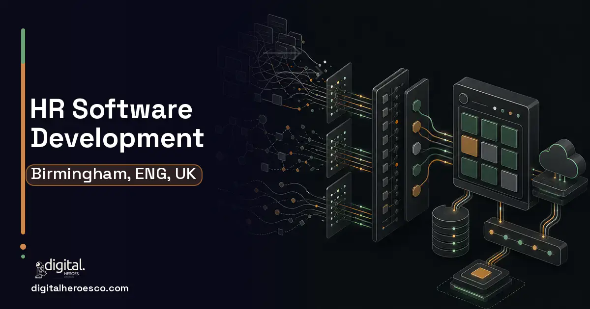 HR Software Development workflow illustration for Birmingham, ENG, UK.