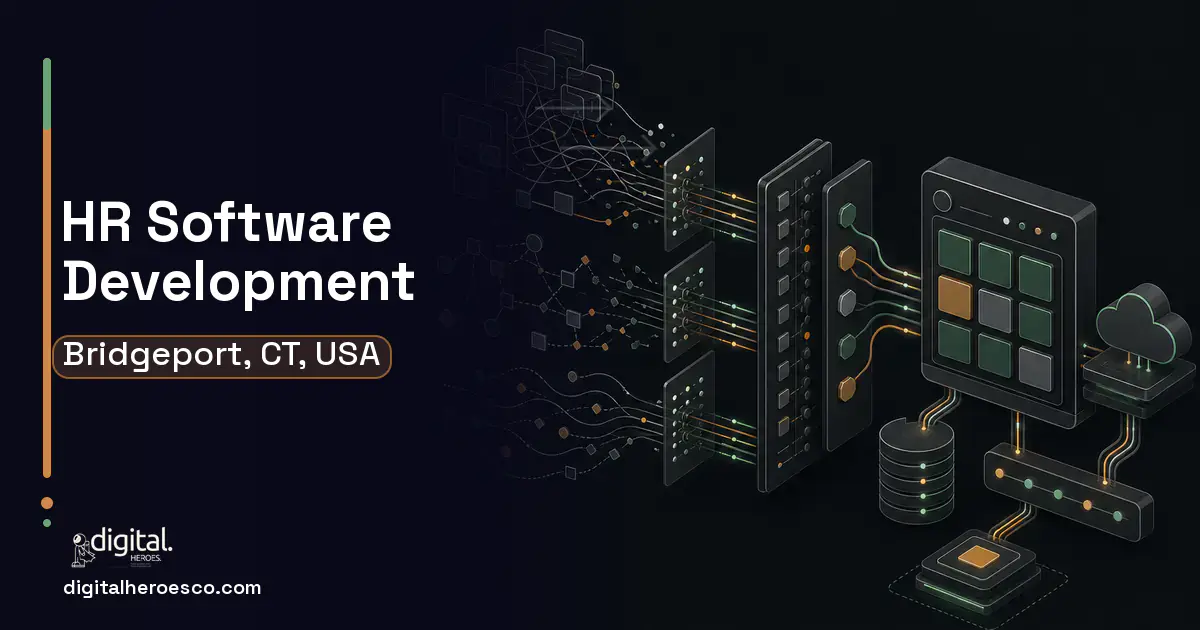 HR Software Development workflow illustration for Bridgeport, CT, USA.