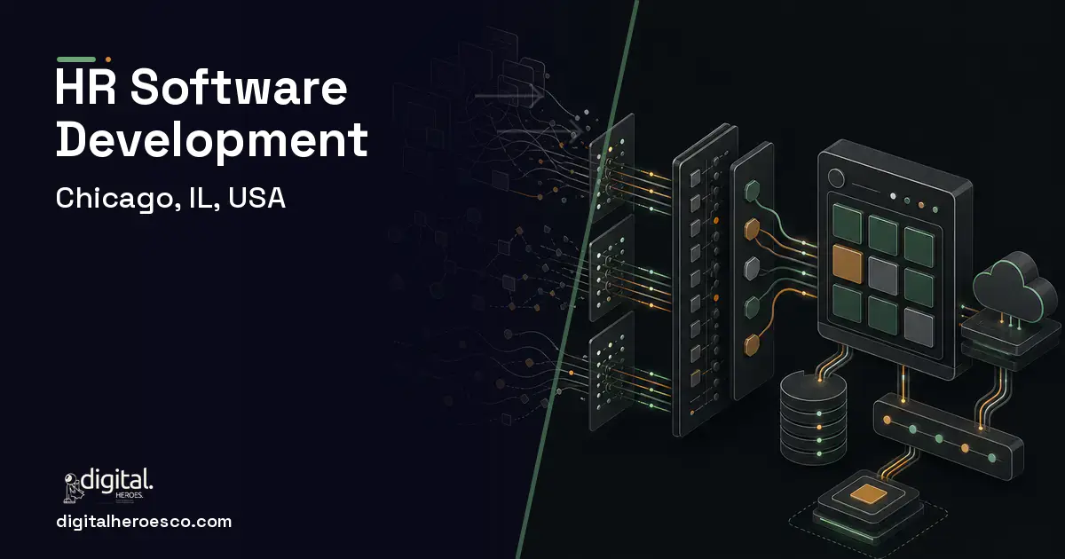 HR Software Development workflow illustration for Chicago, IL, USA.