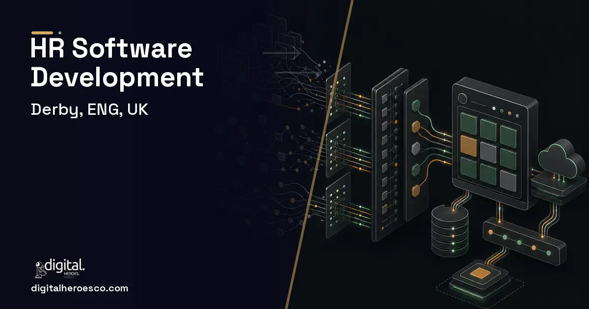HR Software Development workflow illustration for Derby, ENG, UK.