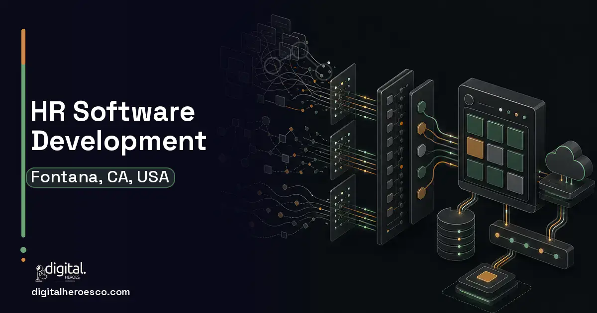 HR Software Development workflow illustration for Fontana, CA, USA.