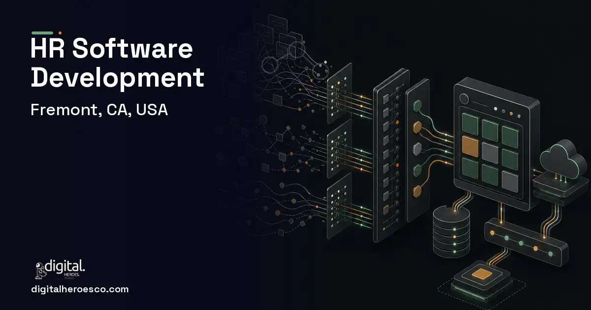 HR Software Development workflow illustration for Fremont, CA, USA.