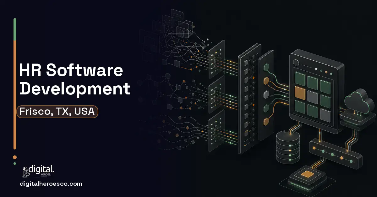 HR Software Development workflow illustration for Frisco, TX, USA.