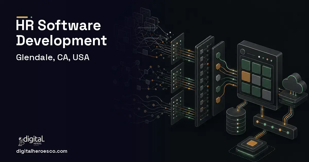 HR Software Development workflow illustration for Glendale, CA, USA.