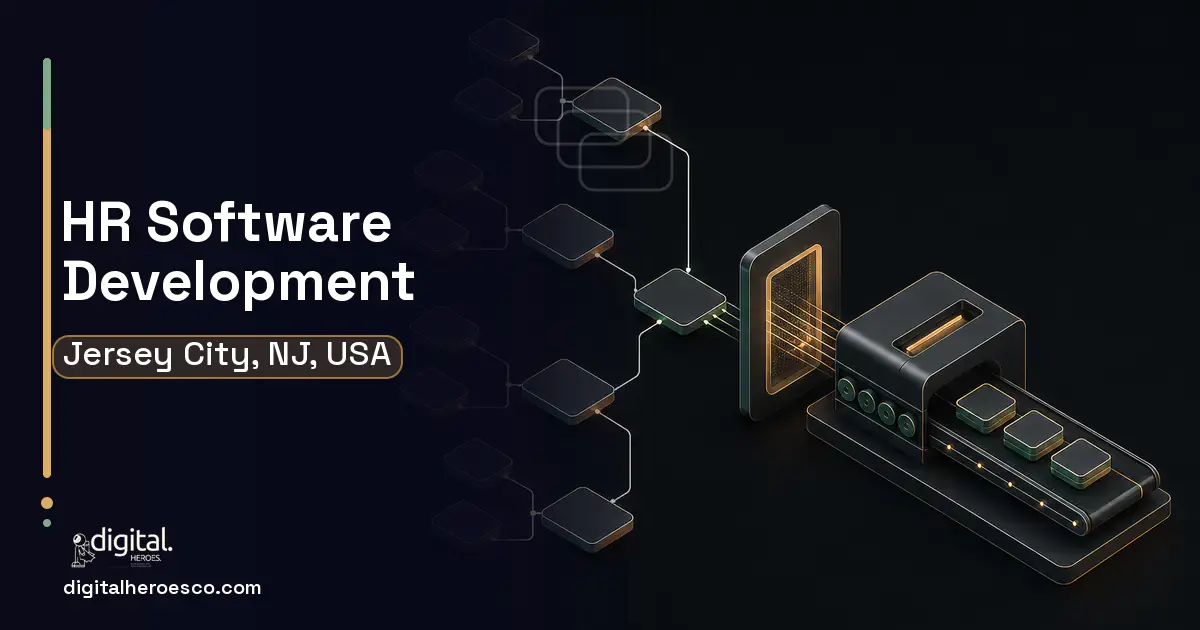 HR Software Development software overview illustration for Jersey City, NJ, USA.
