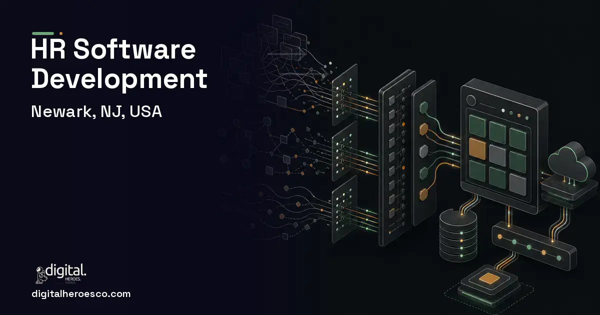 HR Software Development workflow illustration for Newark, NJ, USA.