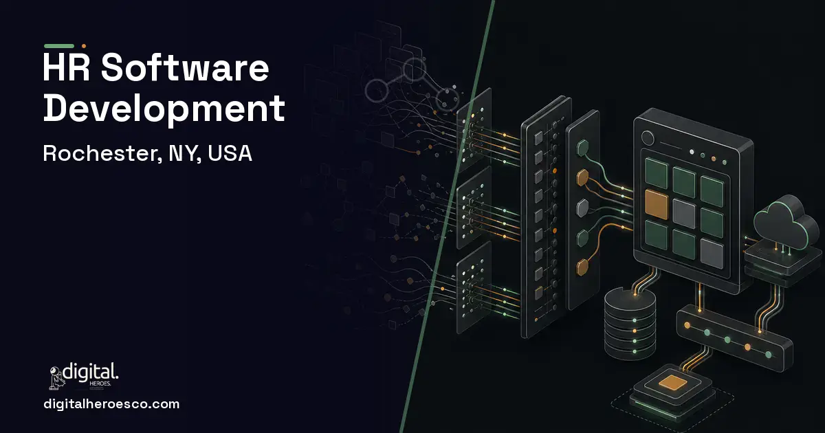 HR Software Development workflow illustration for Rochester, NY, USA.