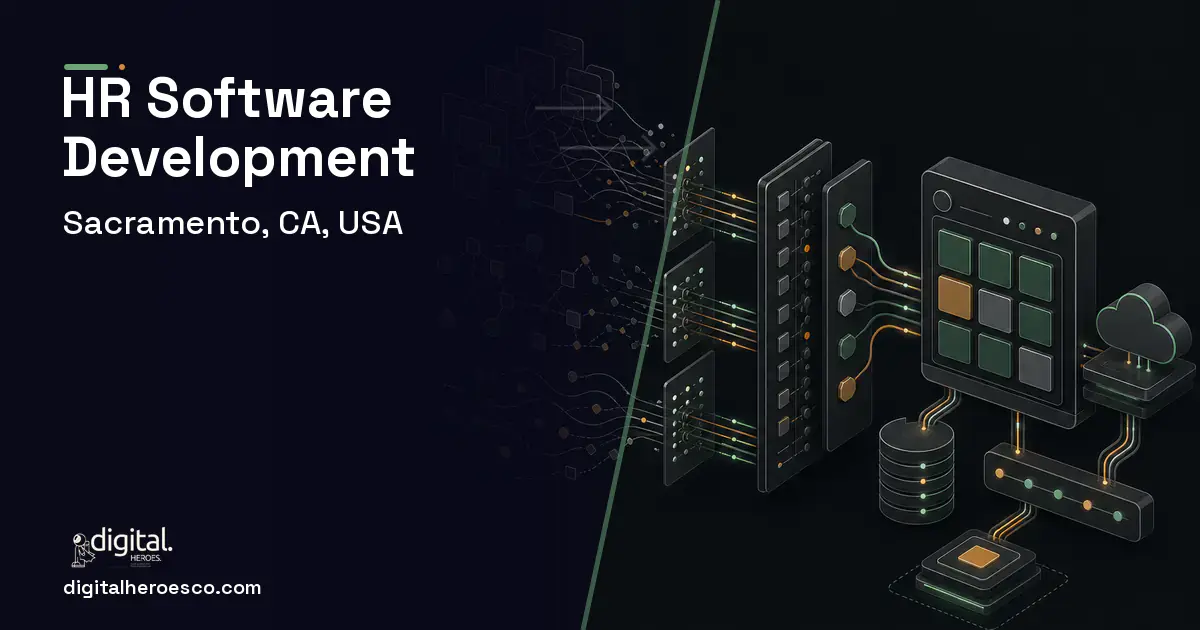 HR Software Development workflow illustration for Sacramento, CA, USA.