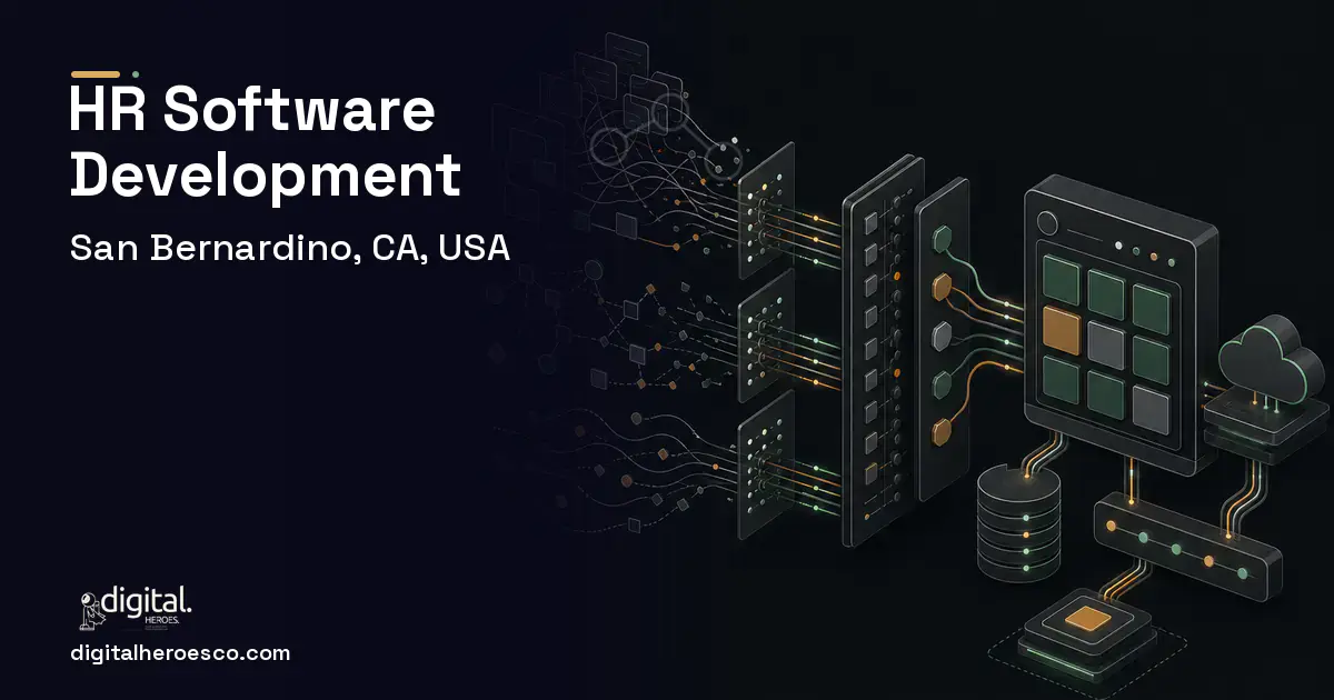 HR Software Development workflow illustration for San Bernardino, CA, USA.