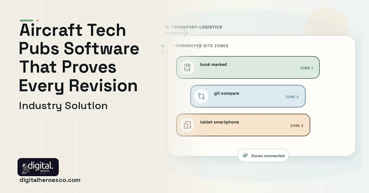 Aviation Technical Publications software visual showing book marked, git compare, and tablet smartphone.