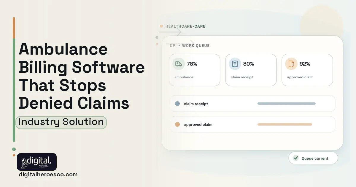 Ambulance Billing software visual showing ambulance, claim receipt, and approved claim.