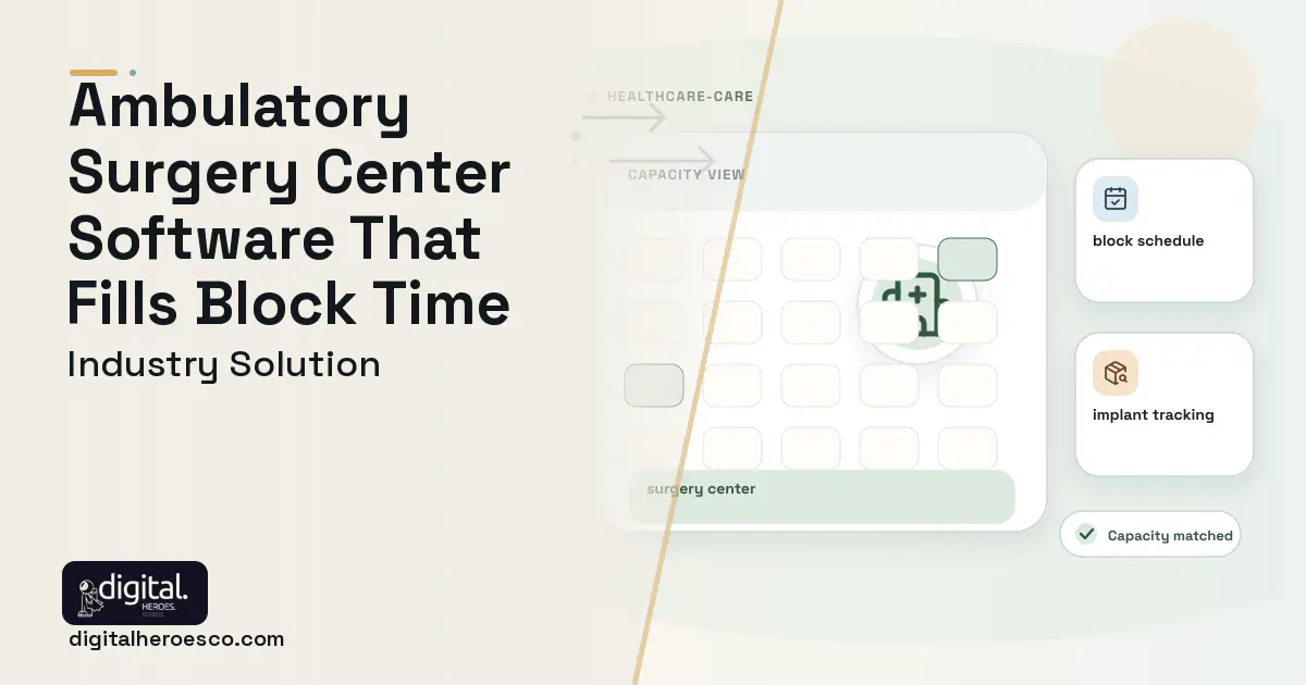 Ambulatory Surgery Center software visual showing surgery center, block schedule, and implant tracking.