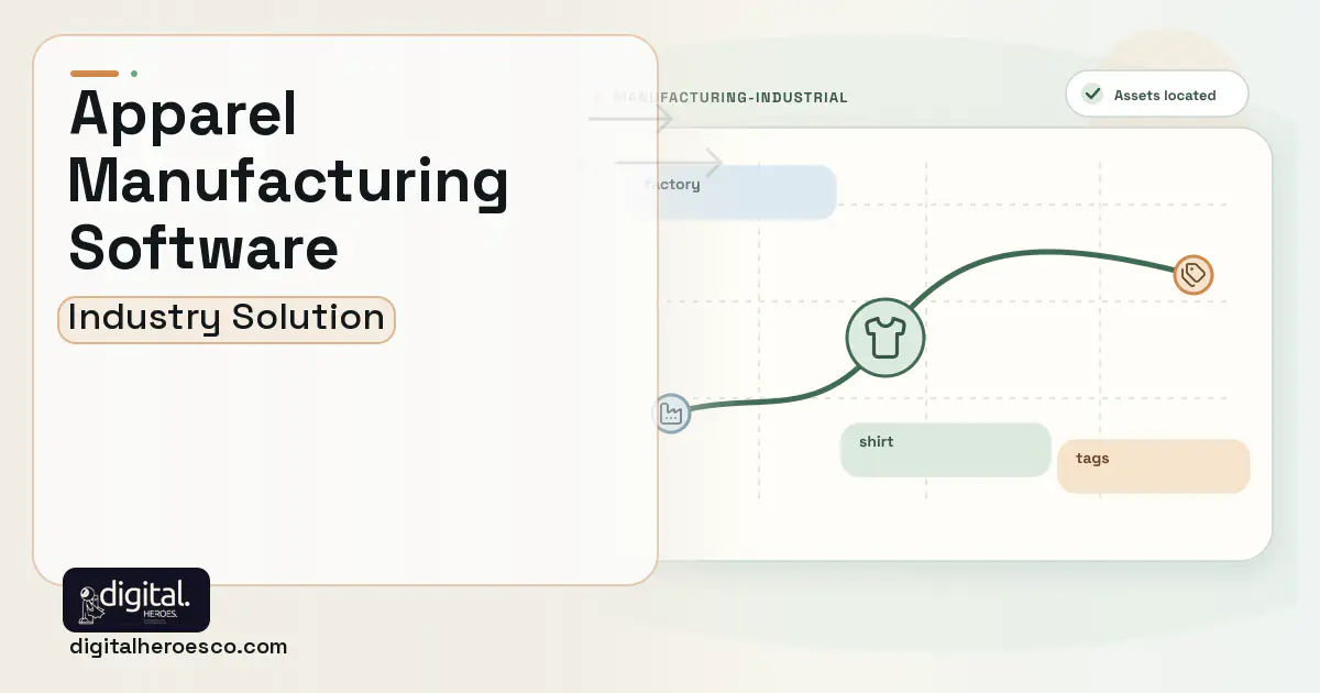 Apparel Manufacturing software visual showing shirt, factory, and tags.