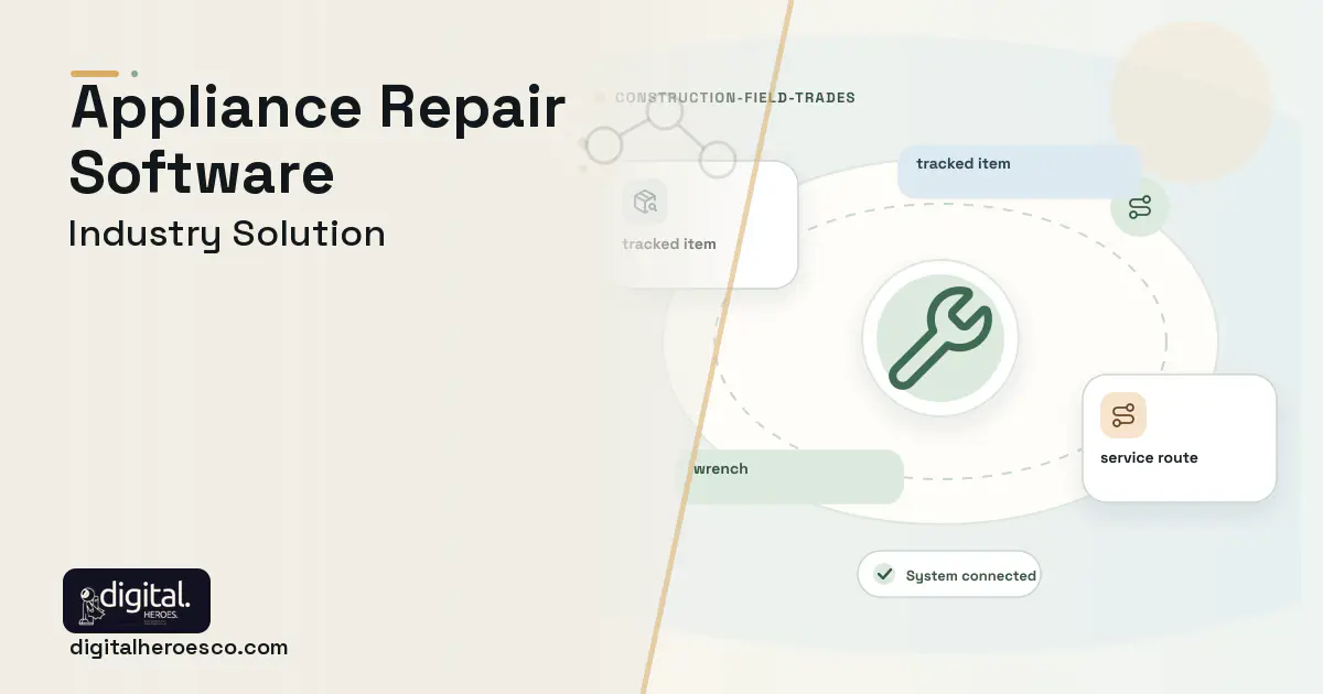 Appliance Repair software visual showing wrench, tracked item, and service route.