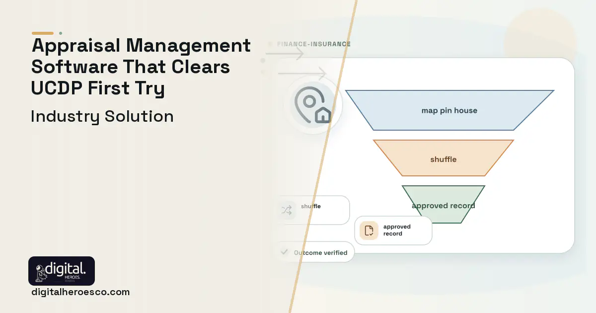Appraisal Management Company software visual showing map pin house, shuffle, and approved record.