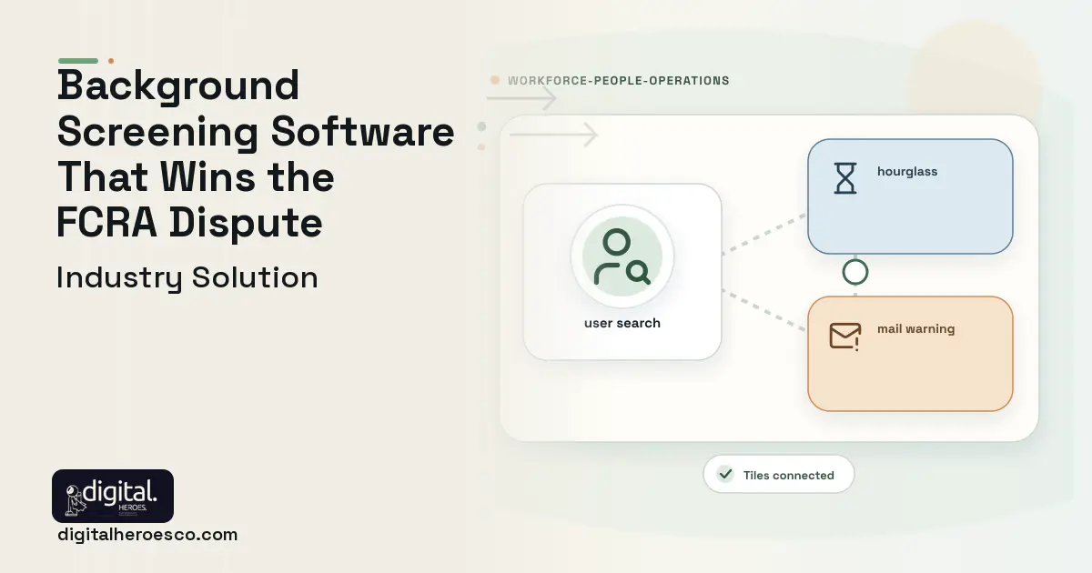 Background Screening software visual showing user search, hourglass, and mail warning.