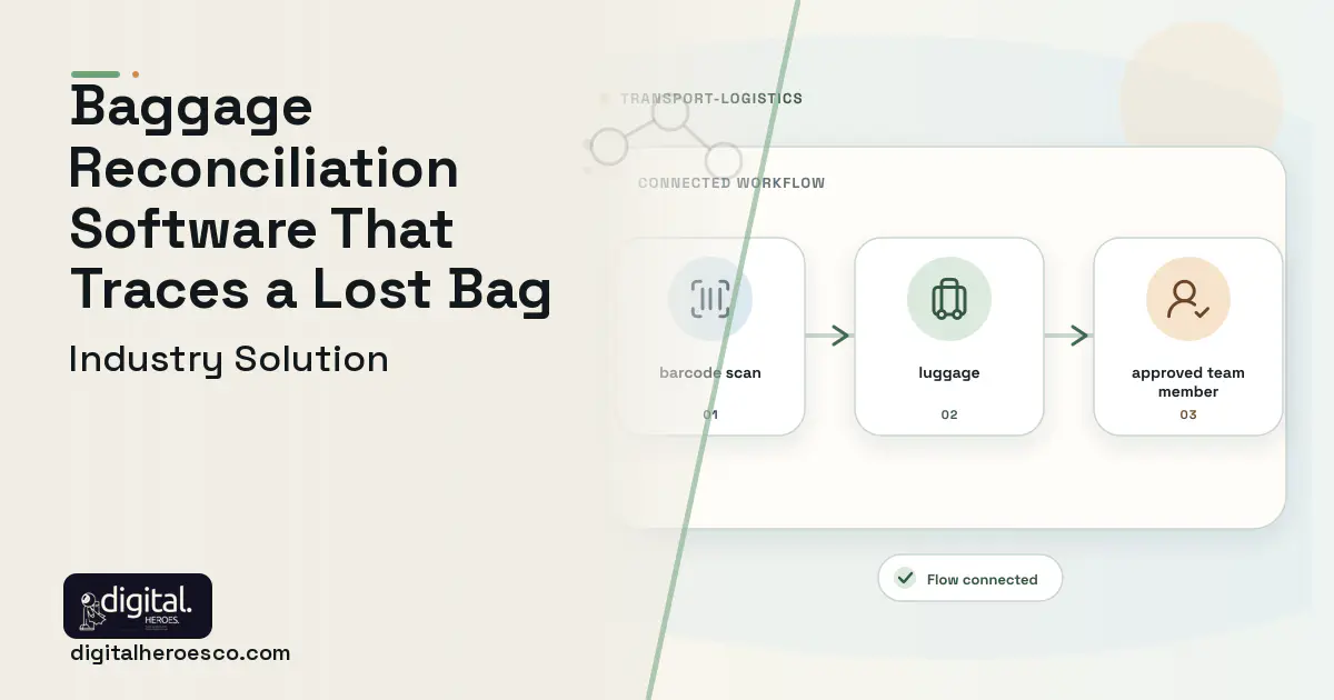 Baggage Reconciliation software visual showing luggage, barcode scan, and approved team member.