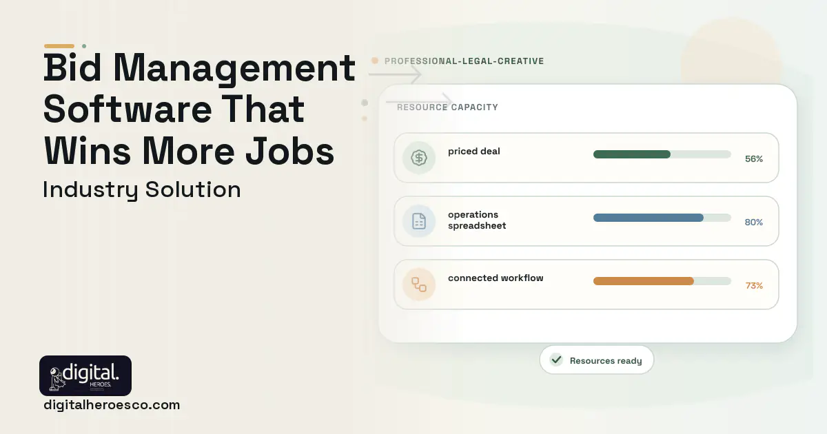 Bid Management software visual showing priced deal, operations spreadsheet, and connected workflow.