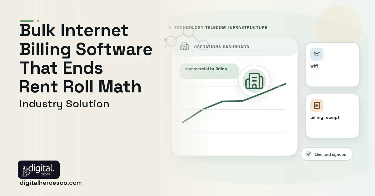 MDU Bulk Internet Billing software visual showing commercial building, wifi, and billing receipt.