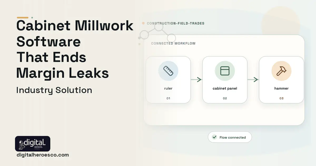Cabinet Millwork software visual showing cabinet panel, ruler, and hammer.