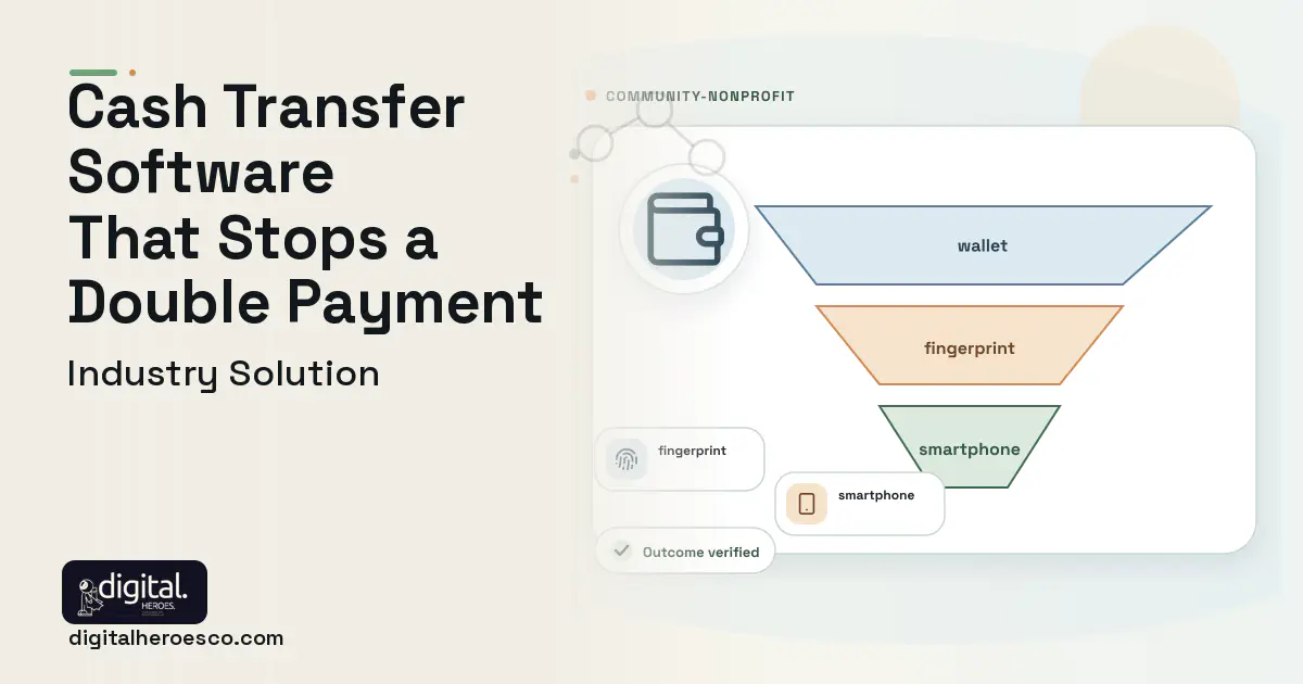 Cash Voucher Assistance Platform software visual showing wallet, fingerprint, and smartphone.