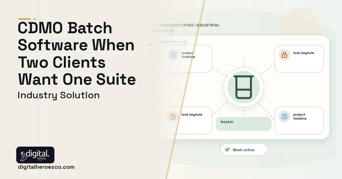 Cdmo Batch and Project Management software visual showing beaker, project timeline, and lock keyhole.