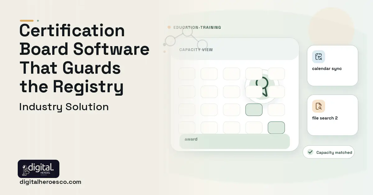 Certification Body Management software visual showing award, calendar sync, and file search 2.
