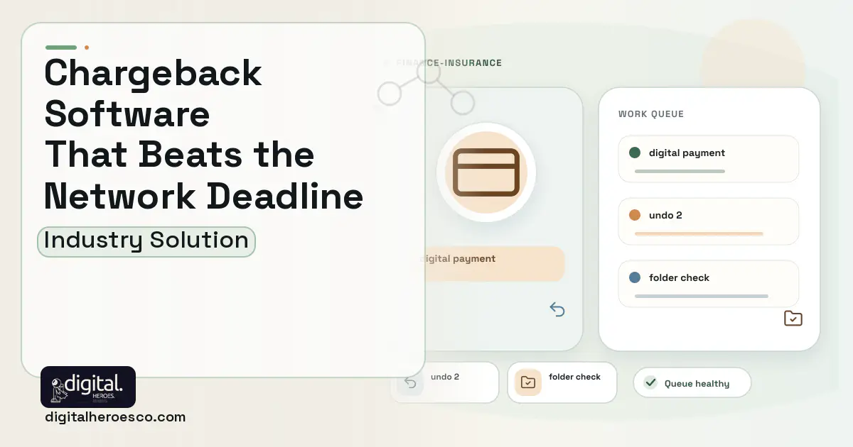 Chargeback Dispute Management software visual showing digital payment, undo 2, and folder check.