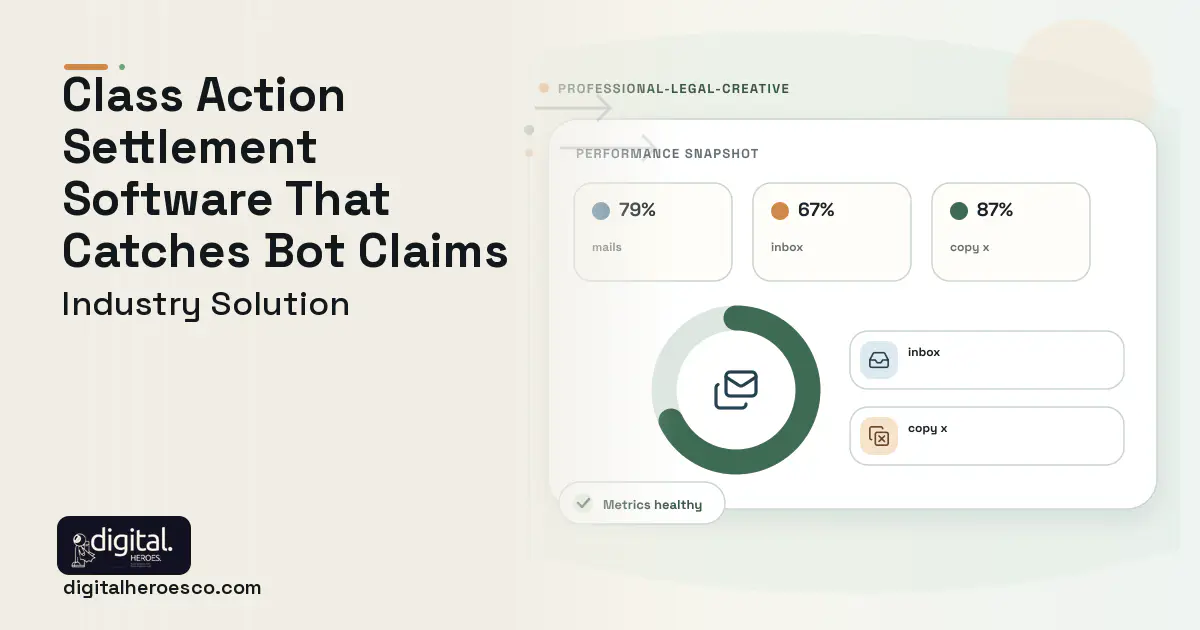Class Action Settlement Administration software visual showing mails, inbox, and copy x.