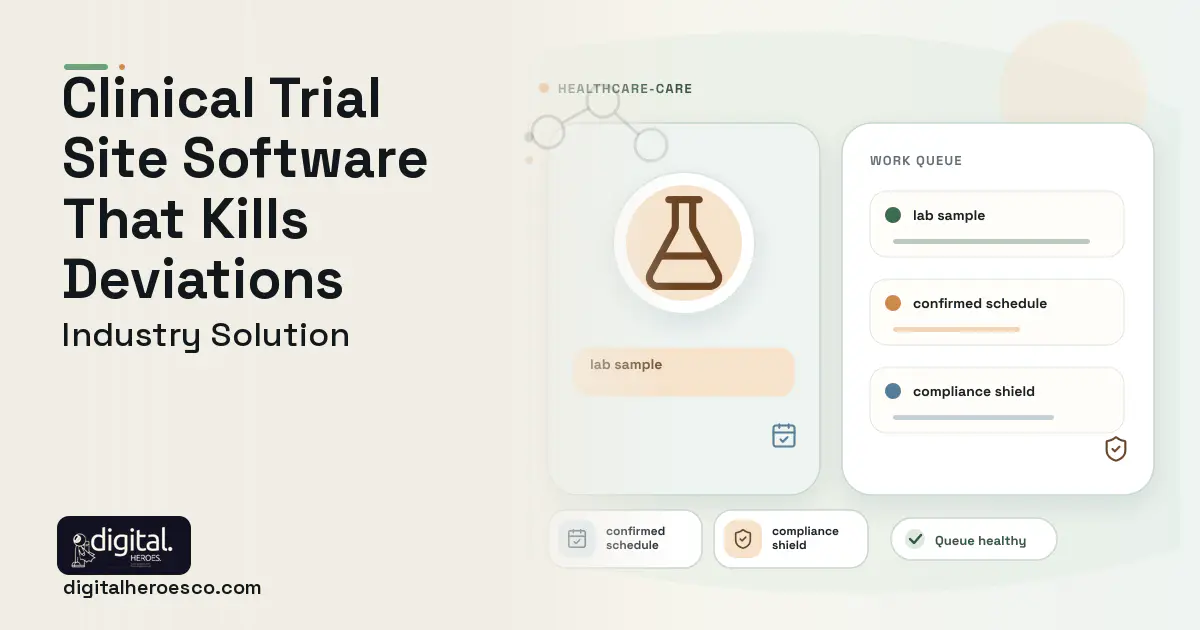 Clinical Trials software visual showing lab sample, confirmed schedule, and compliance shield.