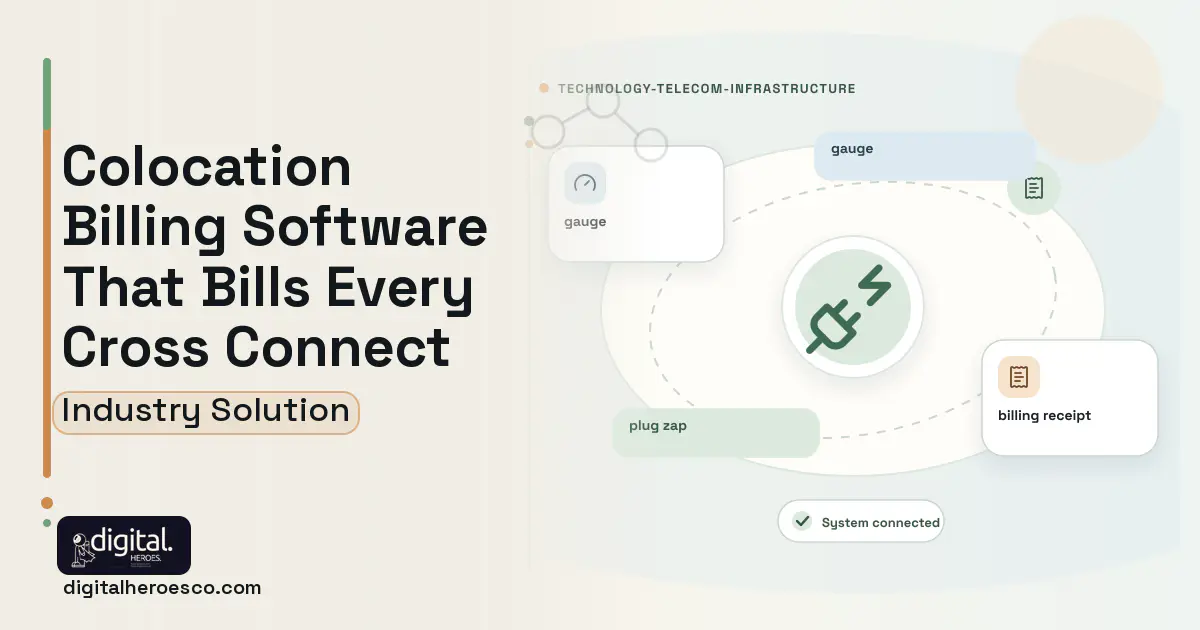 Colocation Billing software visual showing plug zap, gauge, and billing receipt.