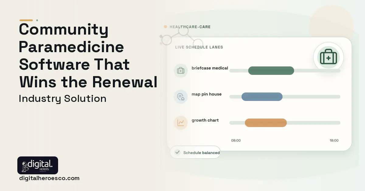 Community Paramedicine software visual showing briefcase medical, map pin house, and growth chart.