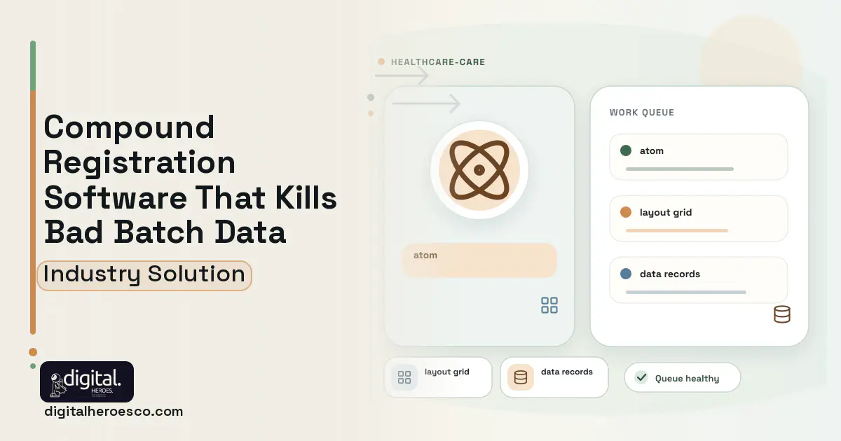 Compound Registration and Screening software visual showing atom, layout grid, and data records.