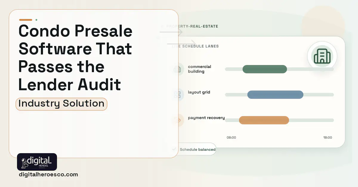 Condominium Presale Management software visual showing commercial building, layout grid, and payment recovery.
