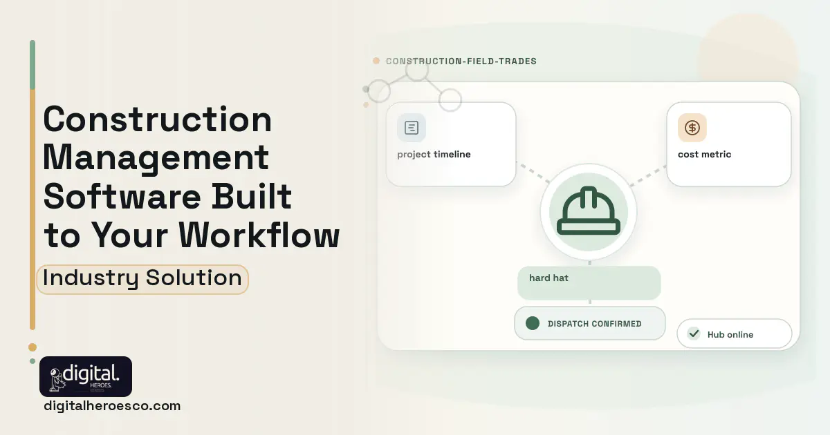 Custom Construction Management software visual showing hard hat, project timeline, and cost metric.