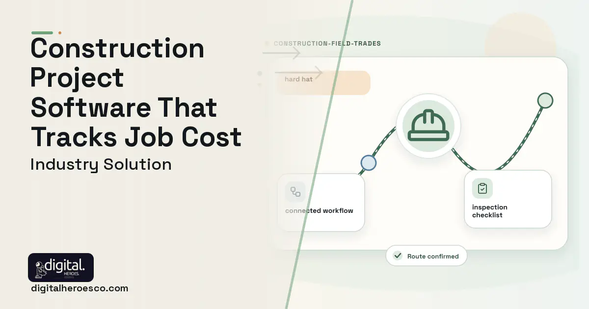 Construction Project Management software visual showing hard hat, connected workflow, and inspection checklist.