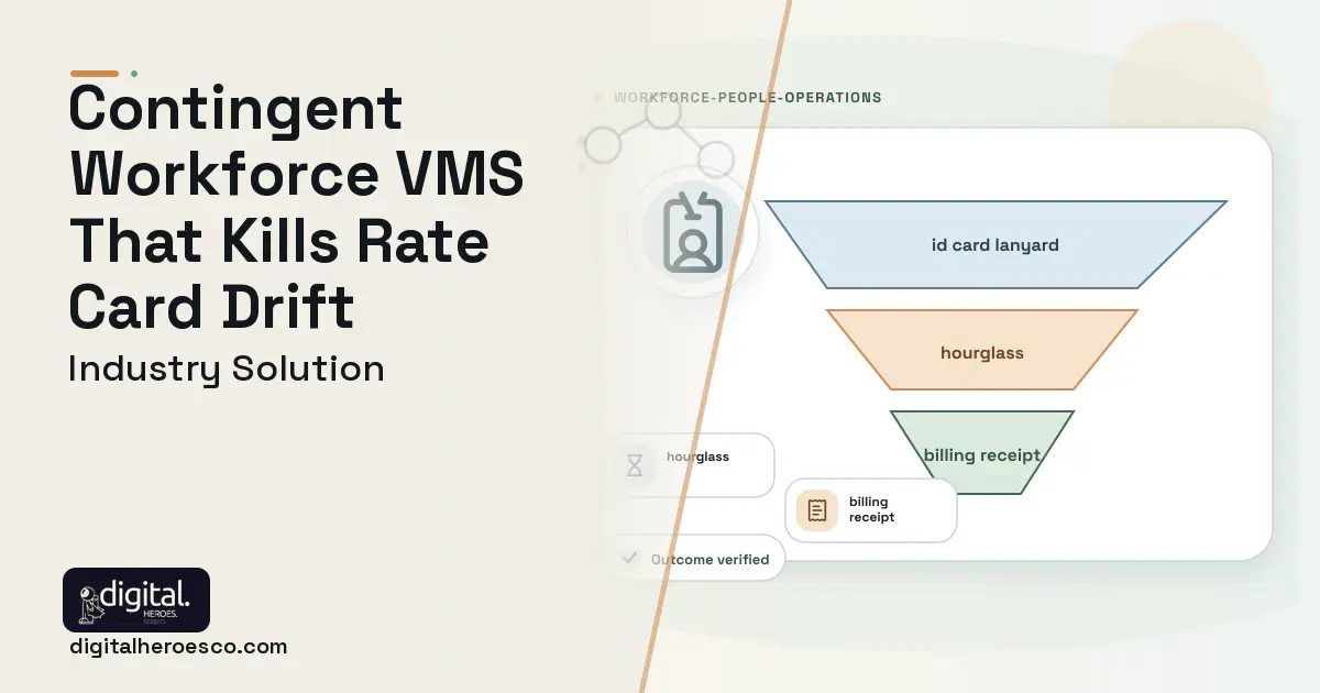 Contingent Workforce Vms Platform software visual showing id card lanyard, hourglass, and billing receipt.
