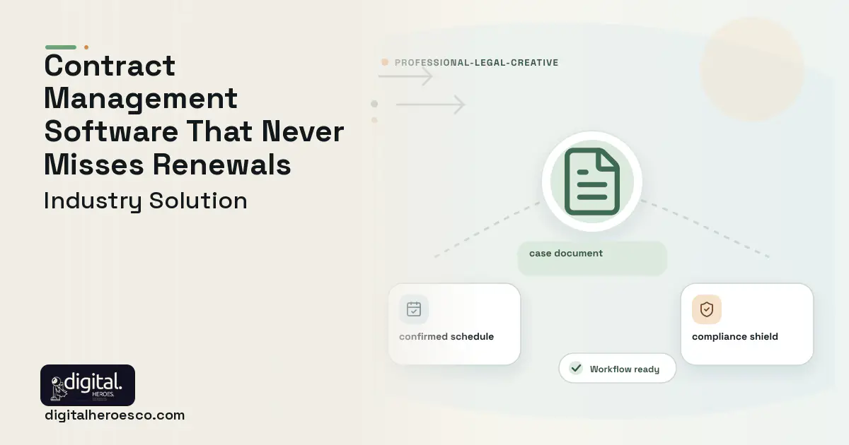 Contract Management software visual showing case document, confirmed schedule, and compliance shield.