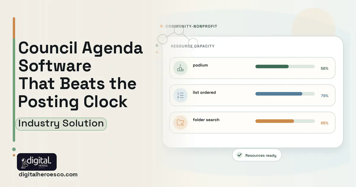 Council Agenda Management software visual showing podium, list ordered, and folder search.