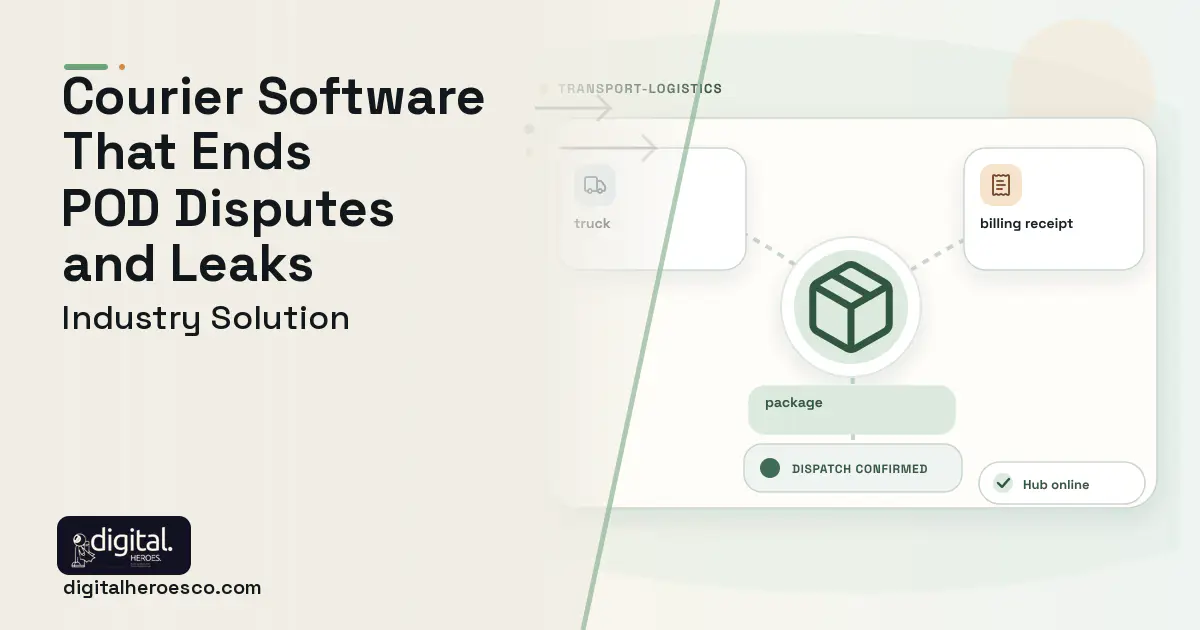 Courier Company software visual showing package, truck, and billing receipt.