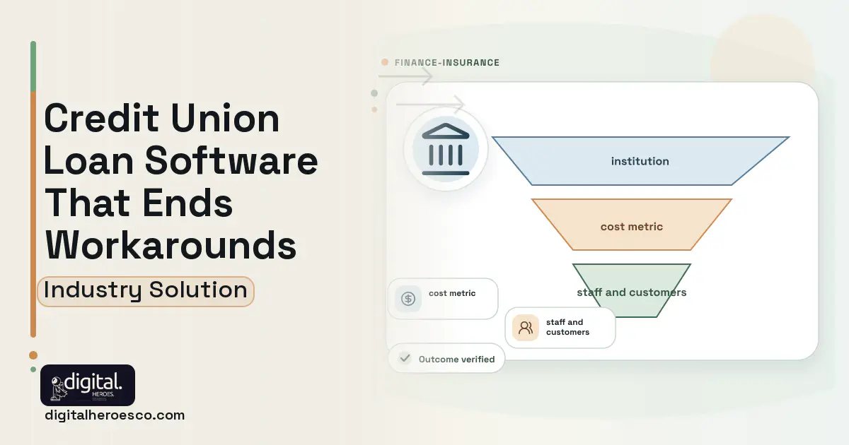 Credit Union Loan software visual showing institution, cost metric, and staff and customers.