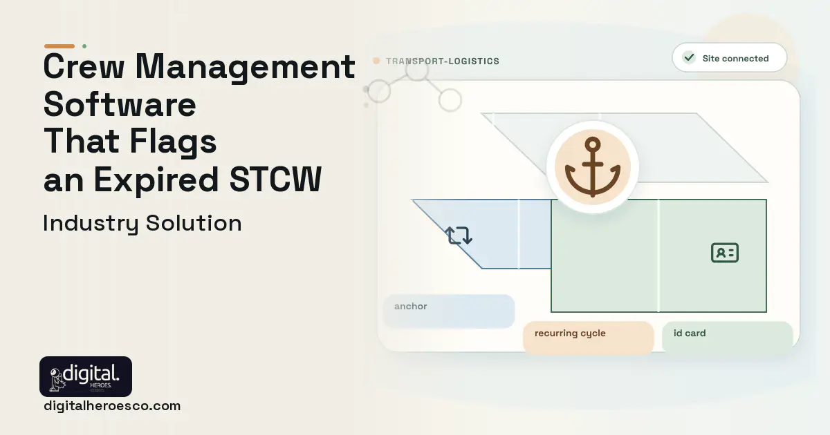 Maritime Crew Management software visual showing anchor, recurring cycle, and id card.